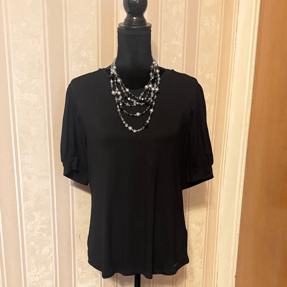 Tahari Elegant Black Blouse with Puff Sleeves